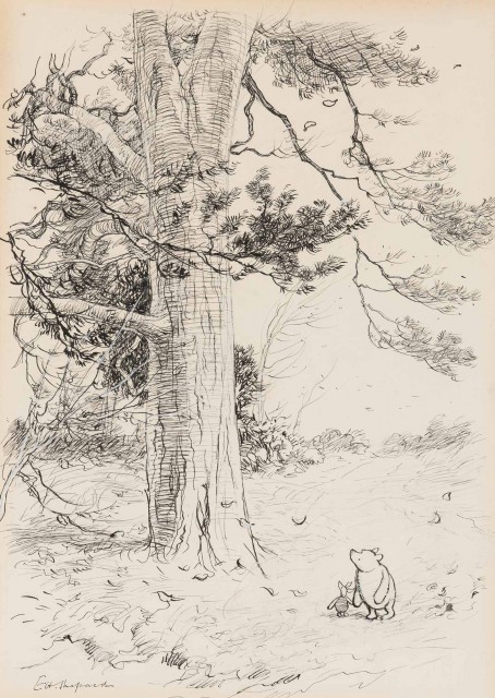 E.H. Shepard, "Suppose a tree fell down when we were underneath it." Original drawing for A.A. Milne's The House at Pooh Corner, 1928, published on page 132 of the book. Est. $40,000-60,000. Lot 77. Auction April 22.