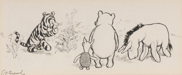 E.H. Shepard, "Your friend," said Eeyore," appears to have bitten on a bee."   Original drawing for A.A. Milne's The House at Pooh Corner, 1928, published on page 29 of the book. Est. $30,000-50,000. Lot 79. Auction April 22.