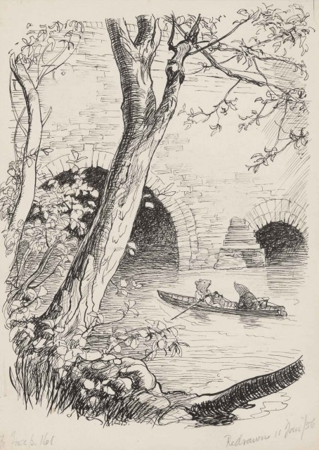 E.H. Shepard, Original drawing ["They got the boat out and Rat took the sculls"] for Kenneth Grahame's The Wind in the Willows. Redrawn 11 January 1956 (pencilled note in Graham's hand at l.r.) for the 1959 edition. Est. $20,000-25,000. Lot 80. Auction April 22.