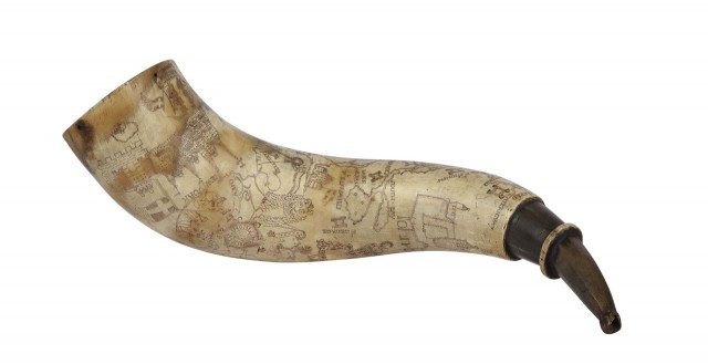 Engraved Powder Horn, French and Indian War, mid-18th century. Est. $5,000-8,000. Lot 235. Auction April 22.