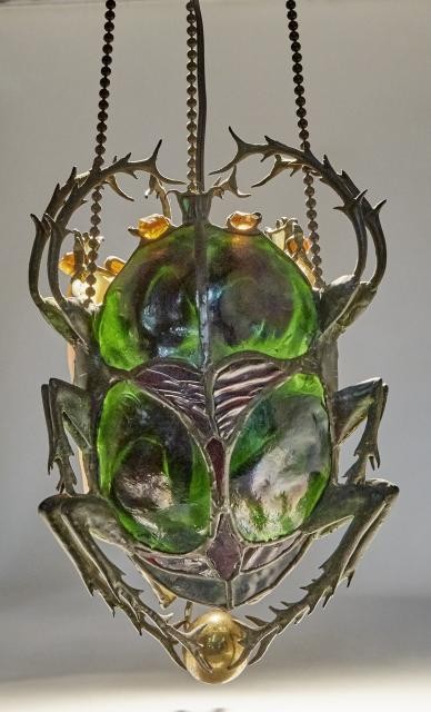 Rare Tiffany Studios Green Patinated Bronze and Favrile Glass Scarab Hanging Lamp Possibly Made for Display at the Pan-American Exposition in Buffalo in 1901, Circa 1901. Est. $10,000-20,000. Lot 190. Doyle and Design. Auction June 23.