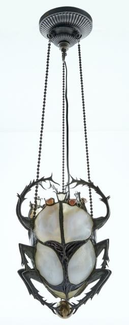 Rare Tiffany Studios Green Patinated Bronze and Favrile Glass Scarab Hanging Lamp Possibly Made for Display at the Pan-American Exposition in Buffalo in 1901, Circa 1901. Est. $10,000-20,000. Lot 190. Doyle and Design. Auction June 23.