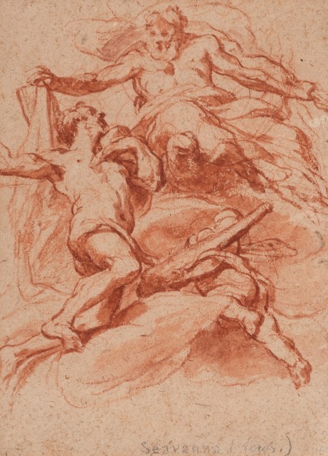 Attributed to Luigi Pellegrini Scaramuccia, Hercules Welcomed to Olympus by Jupiter, Red chalk on paper, 9 3/8 x 6 3/4 inches. The Collection of Donald and Leona Kuba. Est. $700-1,000. Lot 43. Auction October 28, 2020. 
