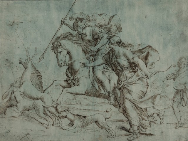 Circle of Giovanni Francesco Romanelli, Atalanta and other Hunters Chasing a Stag, Black ink on blue paper, 12 x 15 3/4 inches. The Collection of Donald and Leona Kuba. Est. $1,000-2,000. Lot 64. Auction Oct 20, 2020.