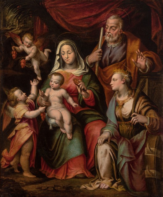 Attributed to Orazio Samacchini, The Holy Family with Saint Catherine and Two Angels, Oil on canvas, 37 3/4 x 31 inches (95.89 x 78.74 cm). Property from the Collection of Donald and Leona Kuba. Est. $8,000-12,000. Lot 56. Auction Oct 28, 2020