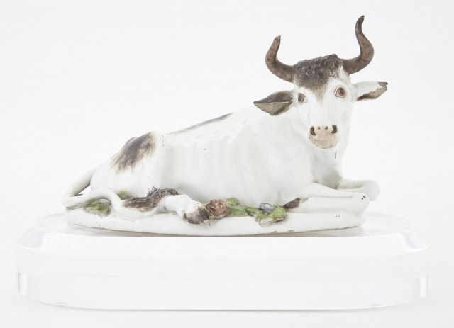 Meissen Porcelain Figure of a Recumbent Bull, 18th Century. The Estate of Myles Sherman Lowell. Lot 2. Auction Nov 19.