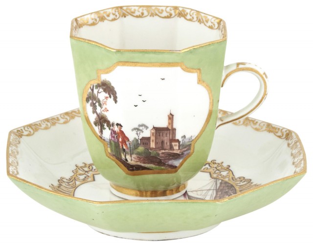 Meissen Porcelain Lime Green Ground Octagonal Cup and Saucer, Circa 1740. The Estate of Myles Sherman Lowell. Lot 27. Auction Nov 19.