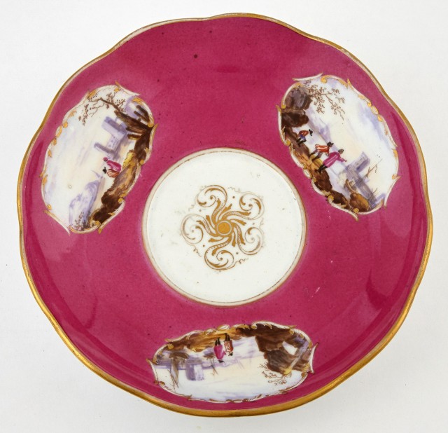 Meissen Porcelain Magenta Ground Saucer, 19th Century. The Estate of Myles Sherman Lowell. Lot 94. Auction Nov 19.