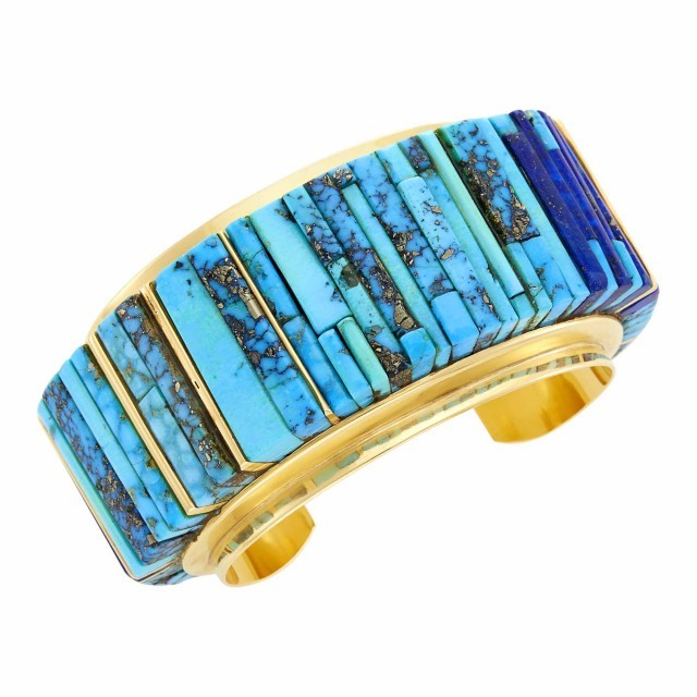 Charles Loloma Gold, Turquoise and Lapis Cuff Bangle Bracelet, circa 1980-85. Est. $7,000-9,000. Lot 39. Important Jewelry. Auction Dec 16, 2020