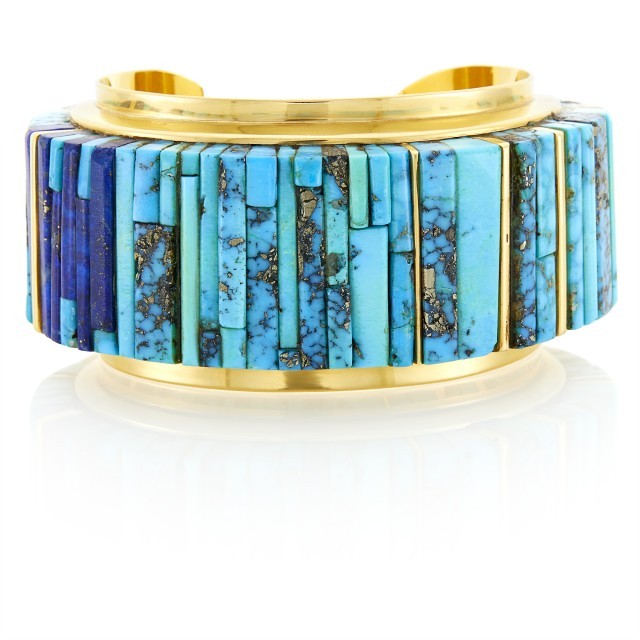 Charles Loloma Gold, Turquoise and Lapis Cuff Bangle Bracelet, circa 1980-85. Est. $7,000-9,000. Lot 39. Important Jewelry. Auction Dec 16, 2020