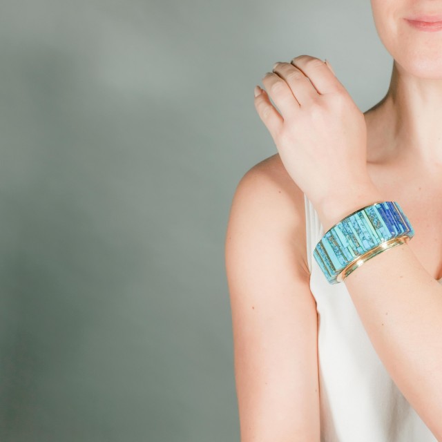 Charles Loloma Gold, Turquoise and Lapis Cuff Bangle Bracelet, circa 1980-85. Est. $7,000-9,000. Lot 39. Important Jewelry. Auction Dec 16, 2020