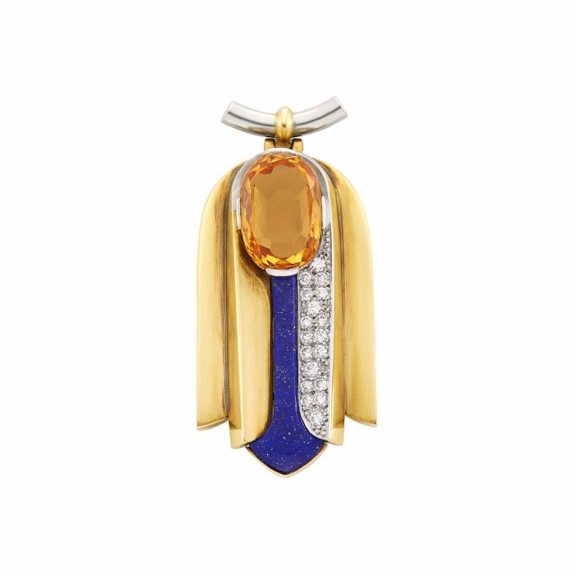 Raymond Templier Art Moderne Gold, Platinum, Topaz, Diamond and Lapis Pendant, France, circa 1930. Property from an Important Jewel Collector. Est. $7,500-10,000. Lot 87. Auction December 16.