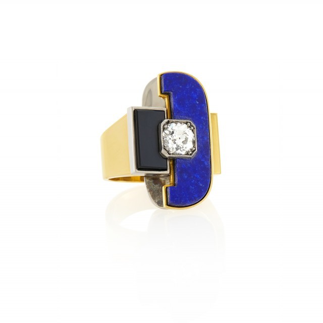 Raymond Templier Art Moderne Two-Color Gold, Diamond, Lapis and Black Onyx Ring, France, circa 1929. Property from an Important Jewel Collector. Est. $6,000-8,000. Lot 85. Auction December 16.