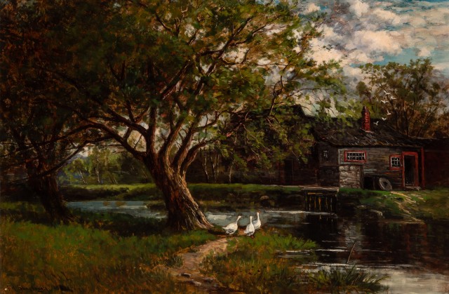 Frank Henry Shapleigh (American, 1842-1906), The Old Grist Mill, Limington, Maine, 1884. Est. $12,000-18,000. Lot 26. Property from Chateau Ridge, Greenwich. Auction Feb 24, 2021.