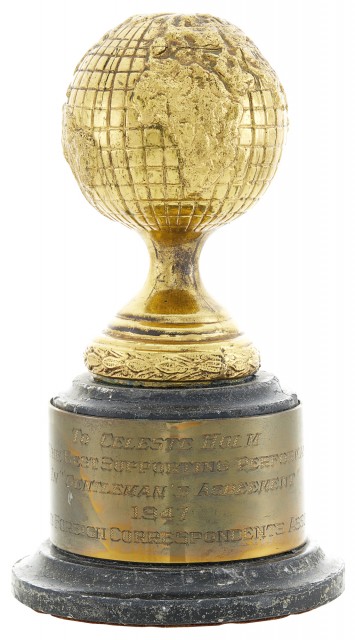The Golden Globe Award Presented to Celeste Holm for Best Supporting Performance in Gentleman's Agreement, 1947. Est. $20,000-30,000. Lot 32. Auction April 28.
