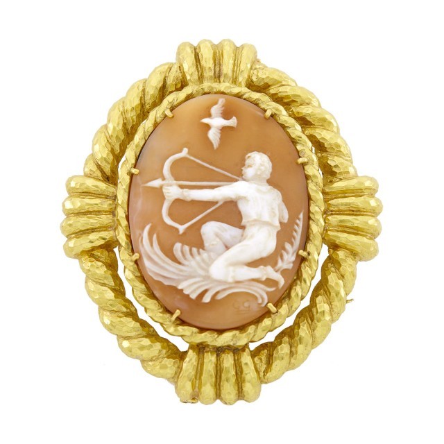 David Webb Gold and Shell Cameo 'Sagittarius' Pendant Clip-Brooch. From the Estate of a Prominent Hollywood Auteur. Est. $3,000-5,000. Lot 122. Auction May 6.
