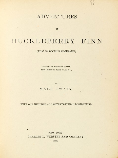 Mark Twain (Samuel Langhorne Clemens), Adventures of Huckleberry Finn (Tom Sawyer's Comrade). New York: Charles L. Webster and Company, 1885. First edition. Est. $1,000-1,500. Lot 244. Auction June 22.