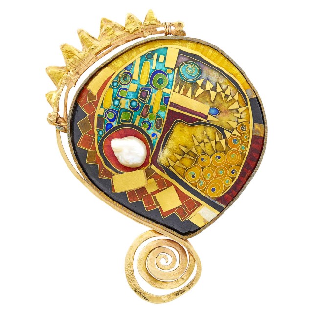 William Harper Two-Color Gold, Silver, Baroque Freshwater Pearl and Cloisonné Enamel 'Firebird' Brooch. Est. $6,000-8,000. Lot 1128. Fine Jewelry. Auction June 23, 2021. 