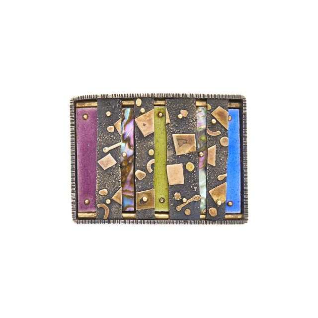 Earl Pardon Gold, Silver, Abalone and Enamel Belt Buckle. Est. $700-900. Lot 1119. Fine Jewelry. Auction June 23, 2021. 