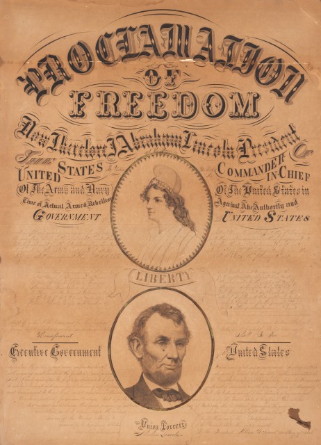 [Emancipation Proclamation] An early calligraphic broadside titled Proclamation of Freedom, likely circa 1865-85. Lot 38. Auction Sept 23, 2021.