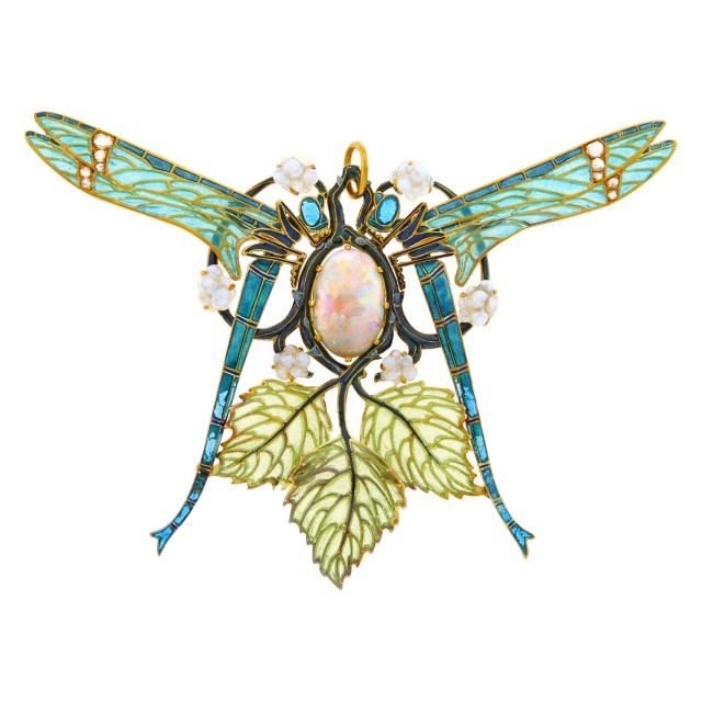 René Lalique Art Nouveau Gold, Opal, Plique-à-Jour Enamel, Glass and Diamond Dragonfly Pendant, France, circa 1904. Lot 200. Auction October 21. 