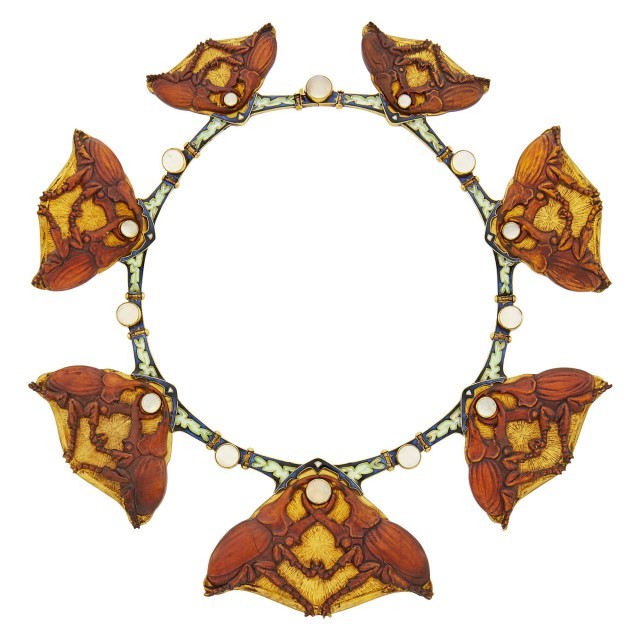 René Lalique Art Nouveau Gold, Carved Horn, Enamel and Moonstone Necklace, France, circa 1904. Lot 199. Auction October 21.