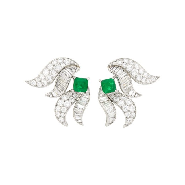 Tiffany and Co. Pair of Platinum, Emerald and Diamond Earclips. Sold for the benefit of Gonzaga University. Lot 79. Auction October 21. 