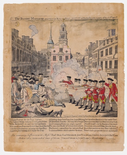 Paul Revere, The Bloody Massacre Perpetrated in King Street, Boston, on March 5th 1770, by a Party of the 29th Regt., Hand-colored engraving, 1770. Auction Nov 2, 2021.