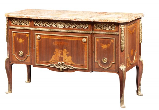 Transitional Louis XV/XVI Style Gilt-Bronze Mounted Tulipwood and Marquetry Inlaid Commode/Cabinet, Paul Sormani, Paris, circa 1870. Est. $4,000-6,000. Lot 268. Auction Jan 26, 2022 