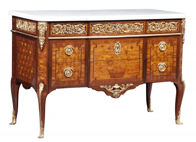 Louis XV/XVI Transitional Gilt-Bronze Mounted Tulipwood, Amaranth and Marquetry Commode, Circa 1775, Roger Vandercruse dit Lacroix. Est. $30,000-50,000. Lot 272. Auction Jan 26, 2022. 