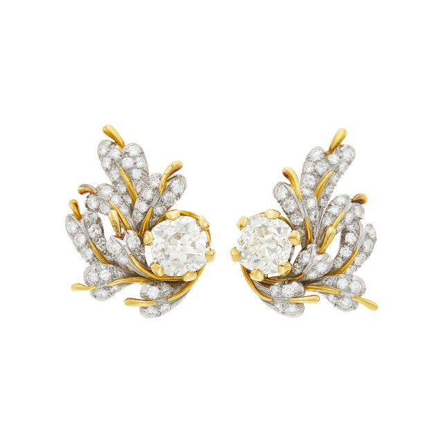 Schlumberger Monture Pair of Platinum, Gold and Diamond Earclips, France. Lot 95. Important Jewelry. Auction April 12.