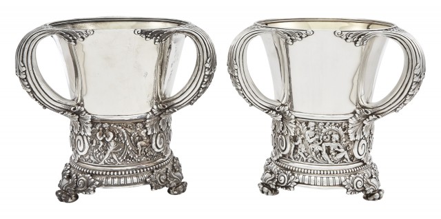 Pair of Tiffany and Co. Sterling Silver Olympian Pattern Wine Coolers. Lot 151. Auction May 3, 2022  