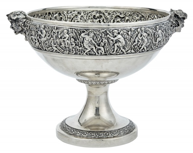 Tiffany and Co. Sterling Silver Olympian Pattern Punch Bowl. Lot 150. Auction May 3, 2022.