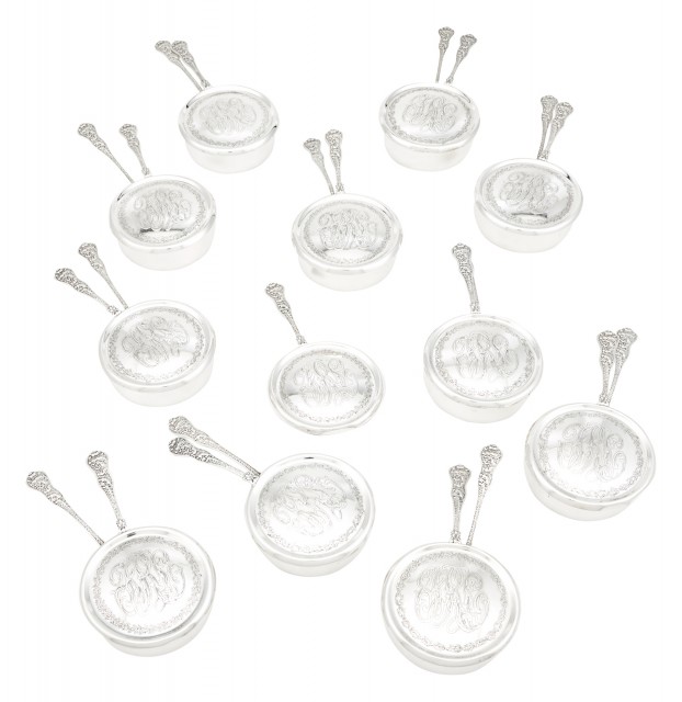 Rare Set of Eleven Tiffany and Co. Sterling Silver Olympian Pattern Covered Ramekins. Lot 157. Auction May 3, 2022
