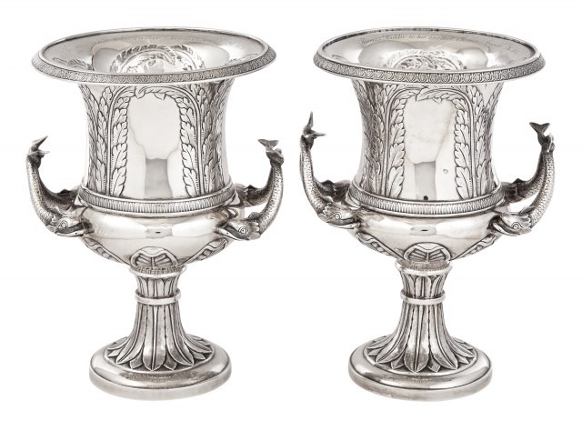 Pair of American Silver Two-Handled Vases, Thomas Fletcher and Sidney Gardiner, Philadelphia, 1832. Lot 1141. The Christine Biddle Wainwright Collection. Auction May 4, 2022.