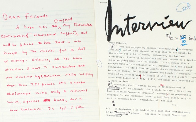 Original manuscript of Truman Capote's final appearance in Interview and a draft of Answered Prayers presented to Brigid Berlin. Estimate: $4,000-6,000
