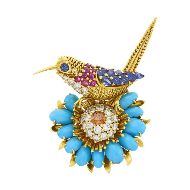 Marchak Paris Gold, Diamond, Turquoise and Colored Stone Hummingbird Clip-Brooch. Est. $10,000-15,000. Lot 88. Auction June 23, 2022