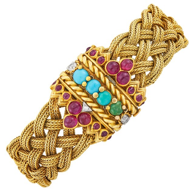 Braided Gold, Platinum, Cabochon Ruby, Turquoise and Diamond Mesh Bracelet, Marchak, Paris. Sold for $8,125.