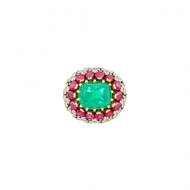 Gold, Platinum, Cabochon Emerald, Ruby and Diamond Ring, Marchak, Paris. Sold for $20,000.