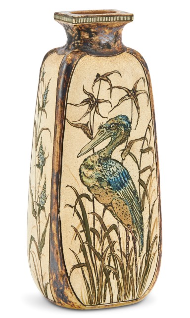 Martin Brothers Incised and Colored Stoneware Bird Vase, 1900. Lot 381. Auction Dec 8.