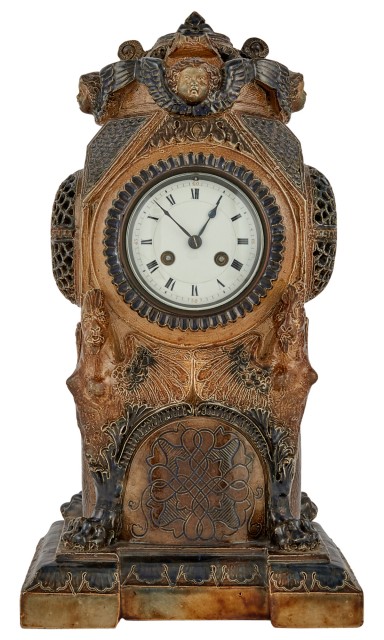 Martin Brothers Stoneware Figural Clock Case, 1877. Lot 386. Auction Dec 8.