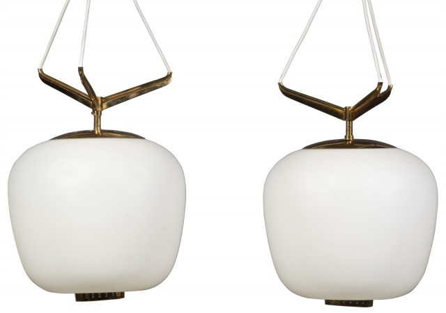 Pair of Stilnovo Frosted Glass and Brass Suspension Ceiling Fixtures, 1950s. Lot 67. Auction Dec 7, 2022.