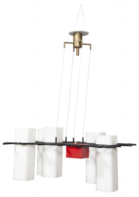 Angelo Lelii Black Metal and Glass Model 212 Chandelier For Arredoluce, 1950s. Lot 73. Auction Dec 7, 2022.