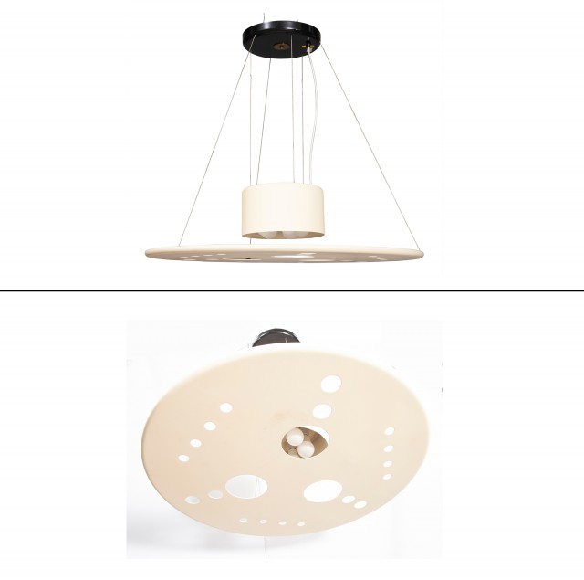 Giovanni Corradini and Giancarlo Simonetti Perforated Enameled Metal Disc Chandelier, Italian, 1950s.  Lot 81. Auction Dec 7, 2022.