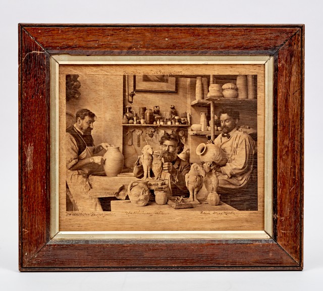 Martin Bros. Photograph, Auto-type on wooden panel of the Studio of The Southall Pottery, Middlesex, England, showing the three of the four Martin brothers (Walter Frazer, Robert Wallace, and Edwin Bruce) at work. London?: circa 1912. Lot 388. Auction Dec 8, 2022.