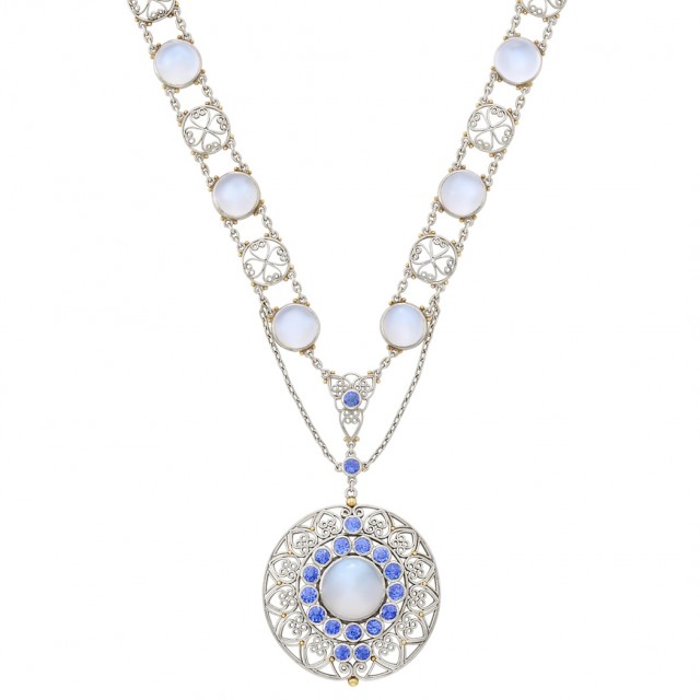 Louis Comfort Tiffany Platinum, Gold, Moonstone and Sapphire Necklace, Tiffany and Co., circa 1915. Sold for $59,375.
