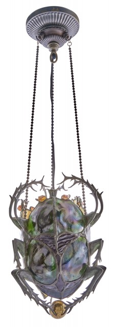 Rare Tiffany Studios Green Patinated Bronze and Favrile Glass Scarab Hanging Lamp, Possibly for the Pan-American Exposition in Buffalo in 1901. Sold for $162,500.