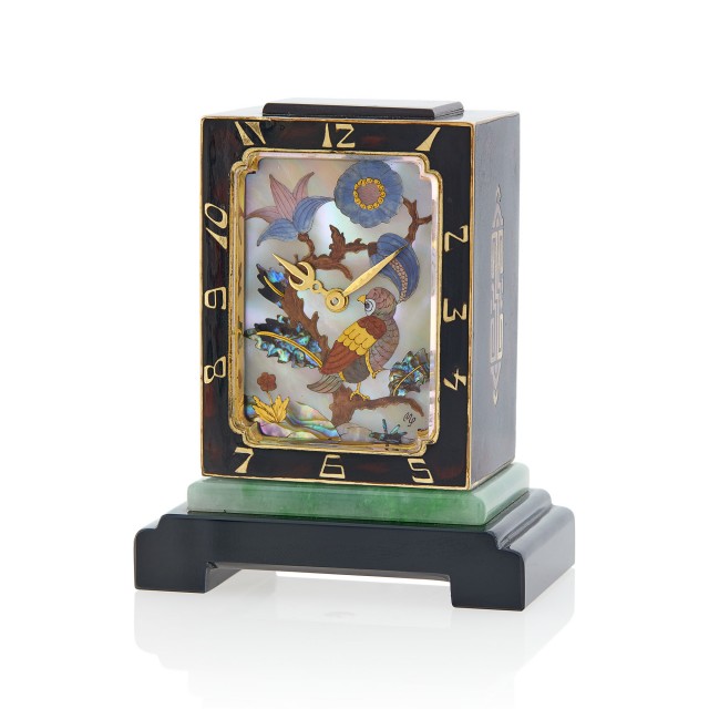 Ostertag, Vacheron and Constantin Gold, Tortoise Shell, Mother-of-Pearl, Abalone Pearl, Jasper, Jade and Black Onyx Miniature Desk Clock, circa 1925. Est. $30,000-50,000. Lot 79. Auction April 27.