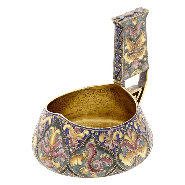 Fabergé Silver-Gilt and Cloisonné Enamel Kovsh. Height 2 3/4 inches (7 cm). Est. $8,000-12,000. Auction May 23.