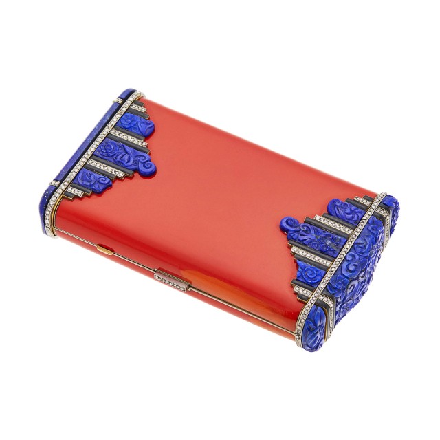 Van Cleef and Arpels Paris Gold, Platinum, Red Enamel, Carved Lapis and Diamond Vanity Case, circa 1925. Est. $20,000-30,000. Lot 75. Auction April 27. 